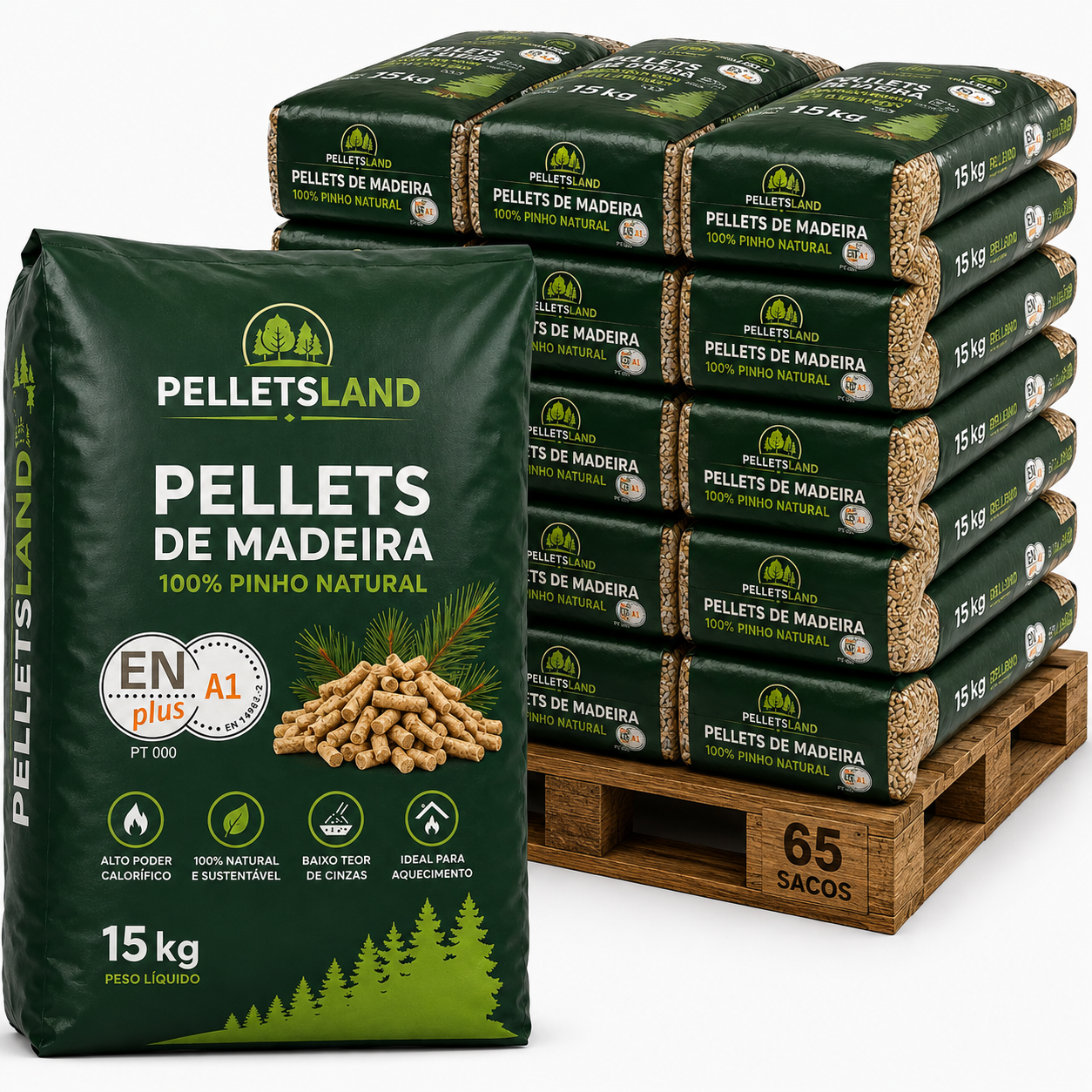 Palete Pellets de Madeira PELLETSLAND ENplus A1 – 65 Sacos de 15 kg – 975 kg
