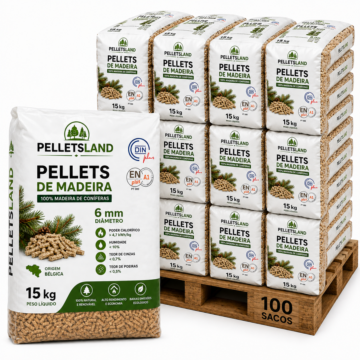Pellets de Madeira PELLETSLAND DINplus ENplus A1 – 100 Sacos de 15 kg – 1500 kg