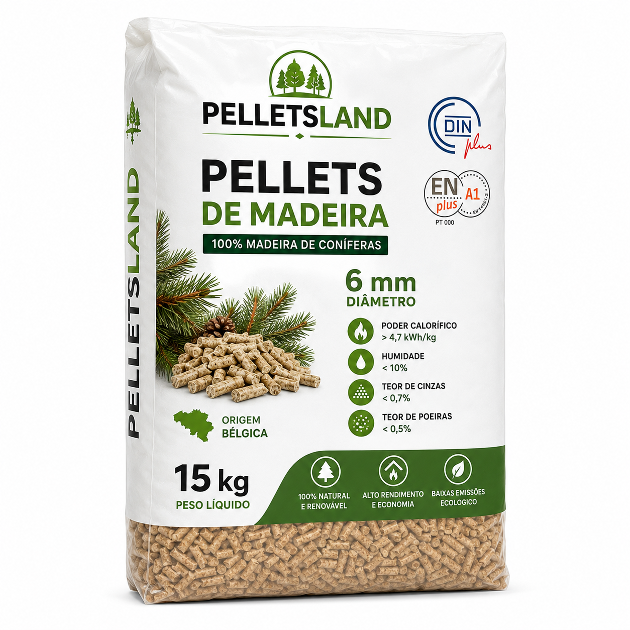 Pellets de Madeira PELLETSLAND DINplus ENplus A1 – 100 Sacos de 15 kg – 1500 kg - Image 2