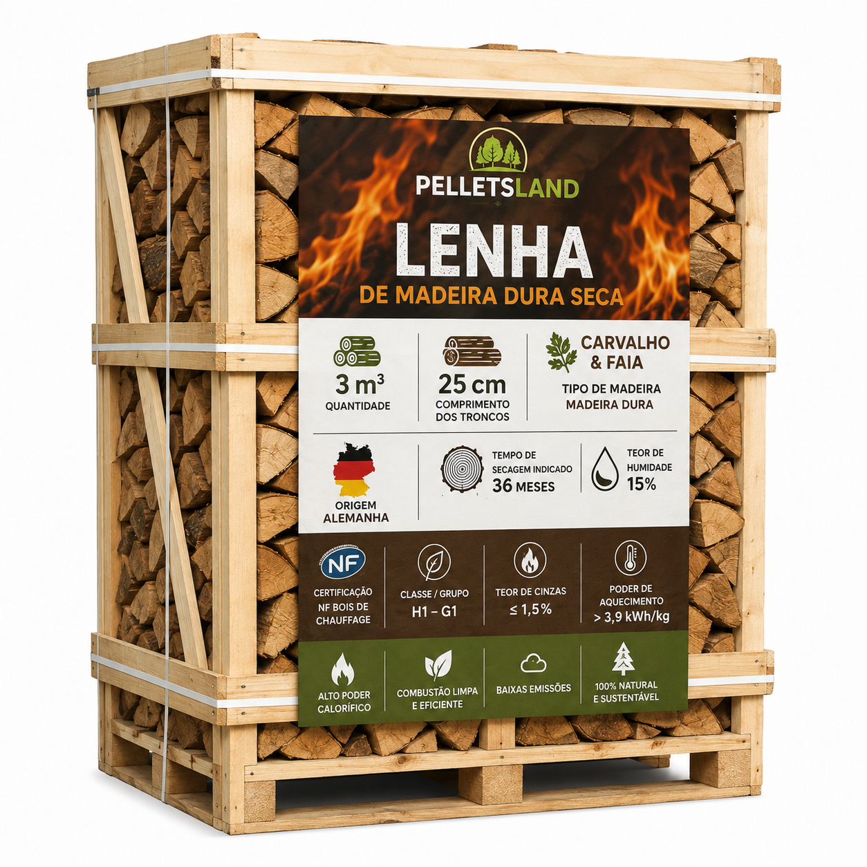 Lenha de Madeira Dura Seca – 3 m³ – 25 cm – Carvalho e Faia – Alemanha